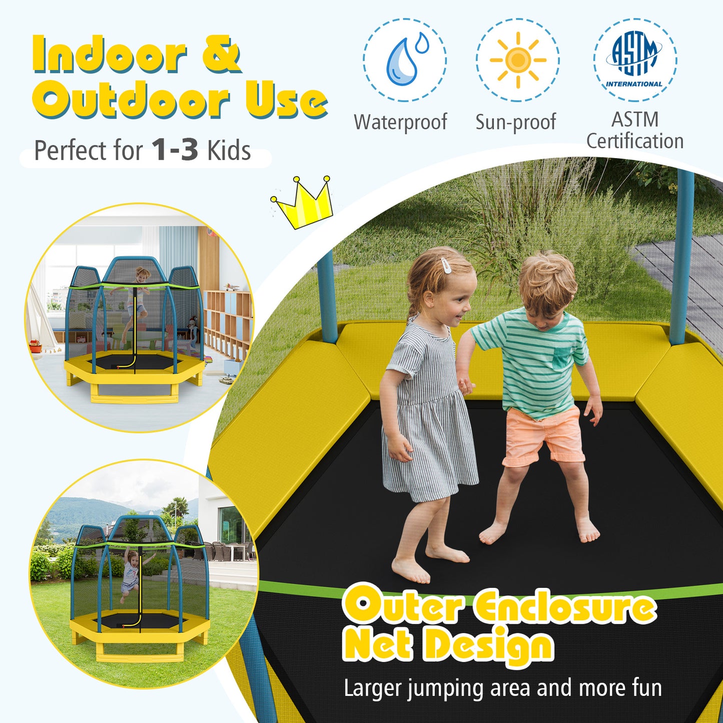 7 ft Kids Trampoline W/ Safety Enclosure Net-Yellow