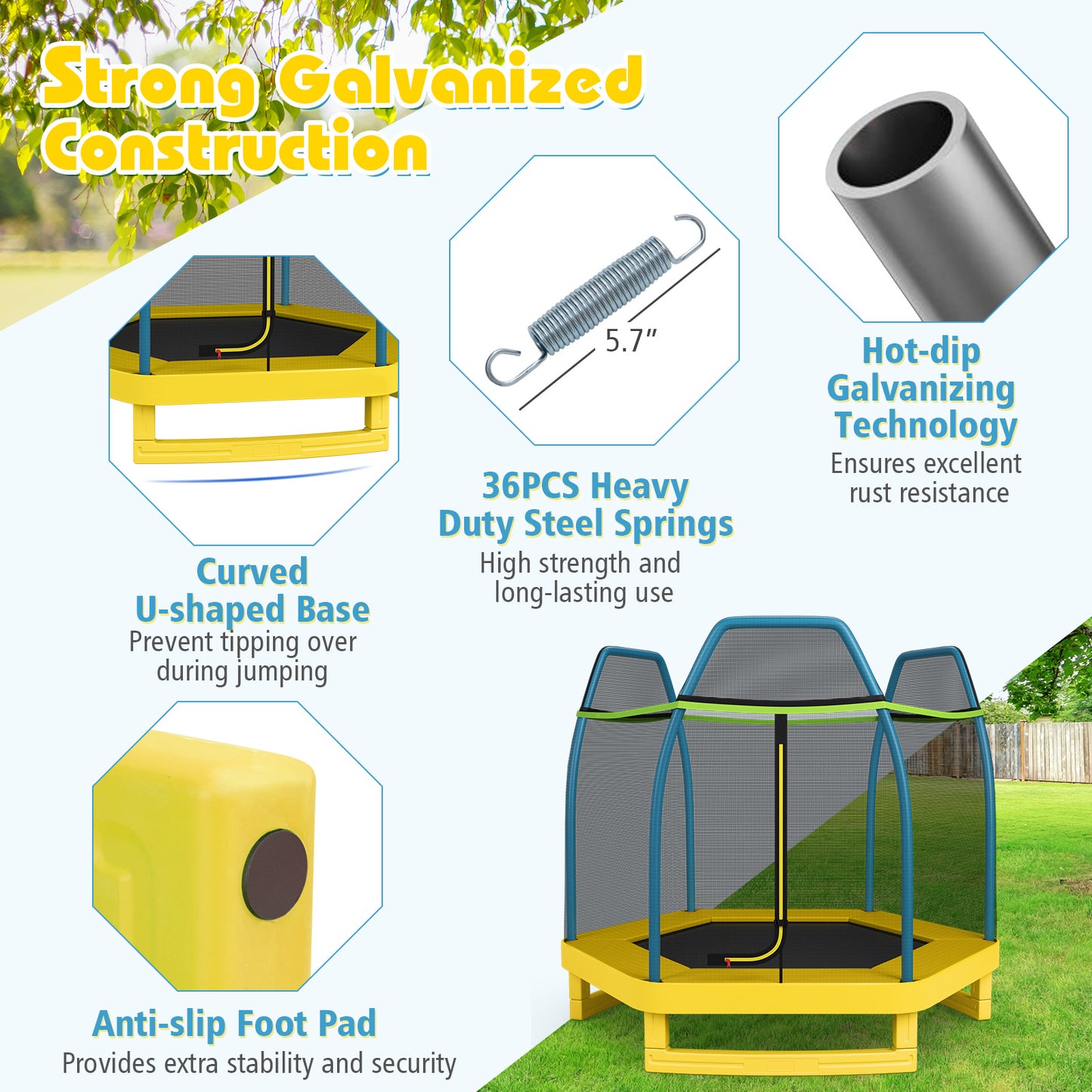 7 ft Kids Trampoline W/ Safety Enclosure Net-Yellow
