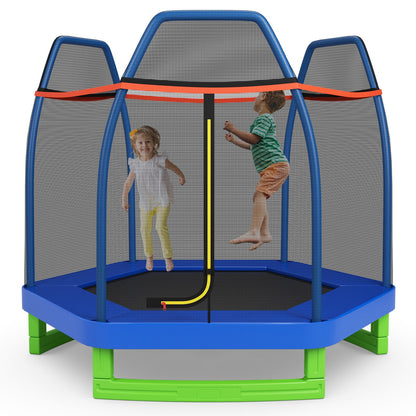 7 Ft Kids Trampoline W/ Safety Enclosure Net-Blue