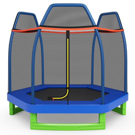 7 Ft Kids Trampoline W/ Safety Enclosure Net-Blue
