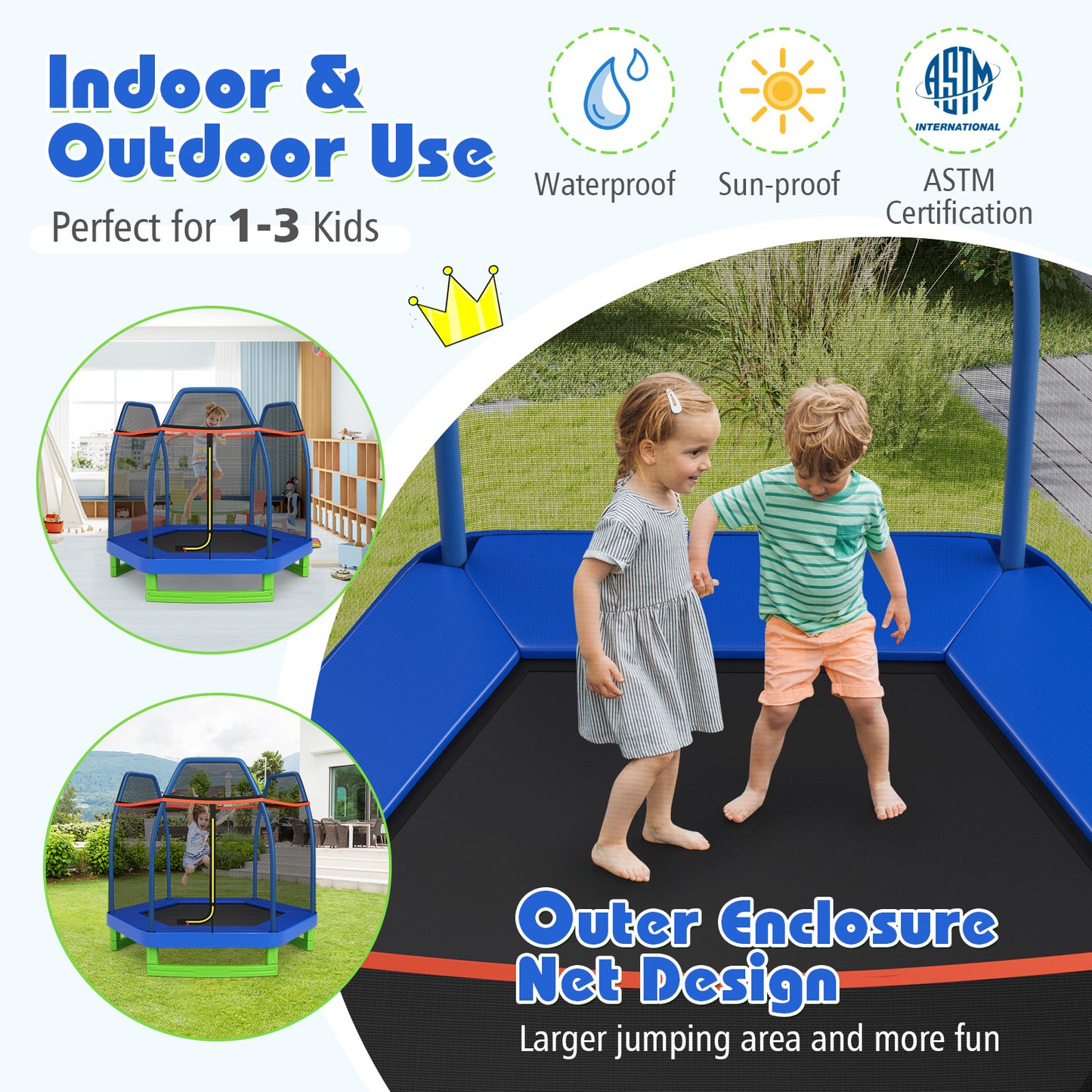 7 Ft Kids Trampoline W/ Safety Enclosure Net-Blue