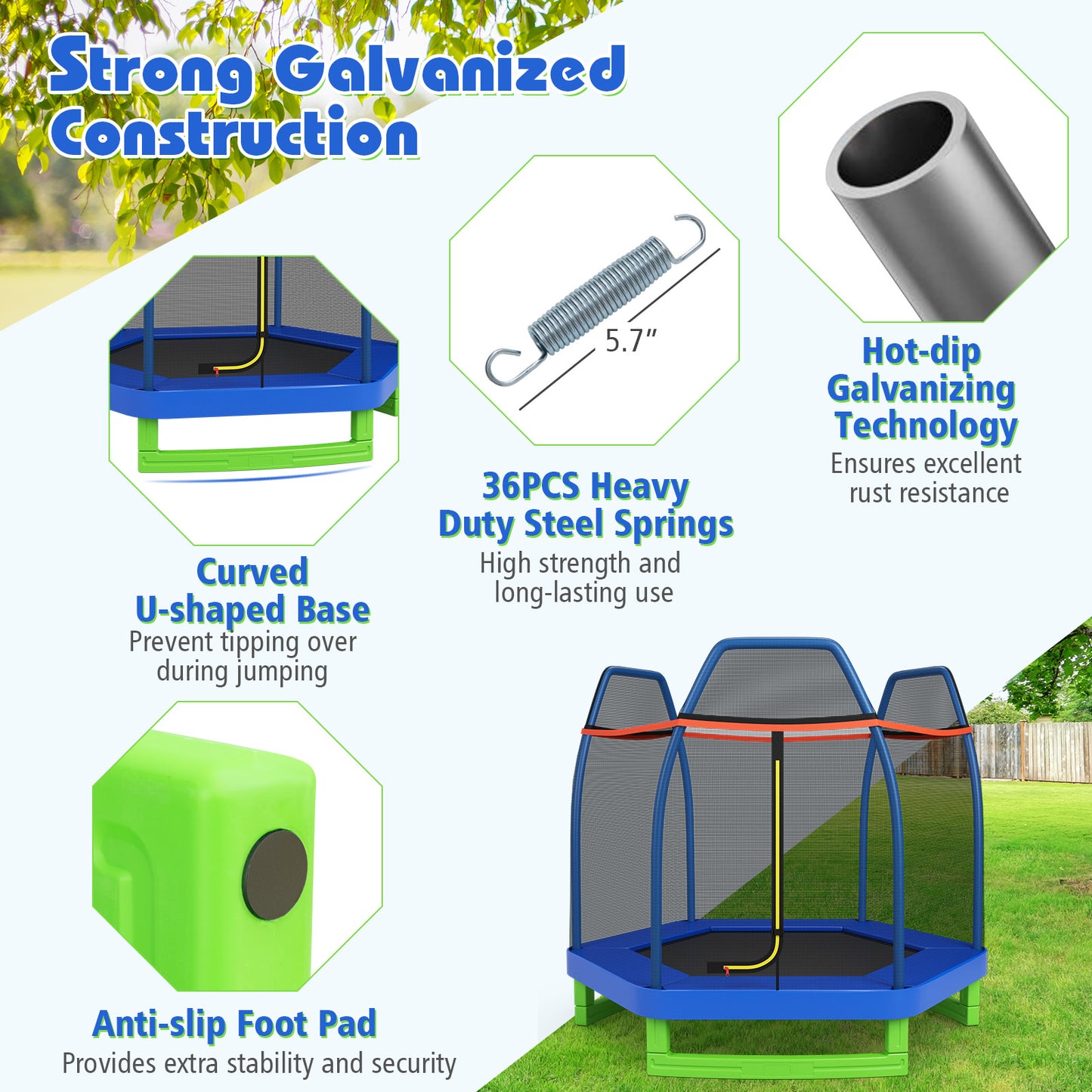 7 Ft Kids Trampoline W/ Safety Enclosure Net-Blue