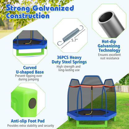 7 Ft Kids Trampoline W/ Safety Enclosure Net-Blue