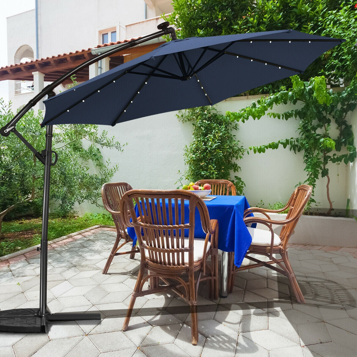 10 ft 360° Rotation Solar Powered LED Patio Offset Umbrella without Weight Base-Beige