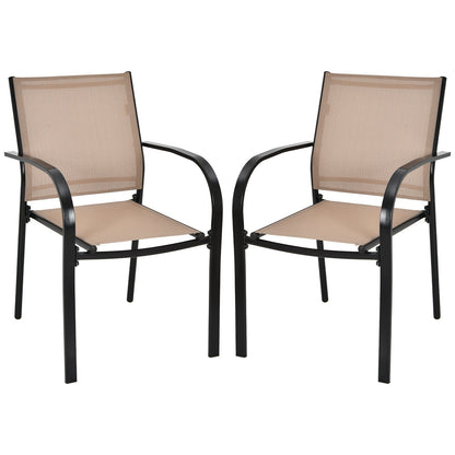 Set of 2 Patio Stackable Dining Chairs with Armrests Garden Deck-Brown