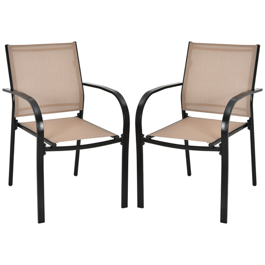 Set of 2 Patio Stackable Dining Chairs with Armrests Garden Deck-Brown