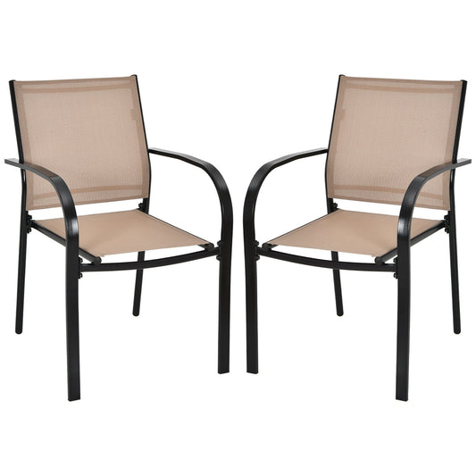 Set of 2 Patio Stackable Dining Chairs with Armrests Garden Deck-Brown