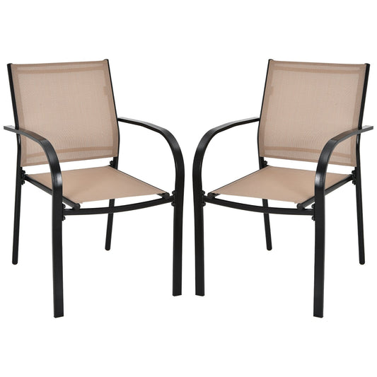 Set of 2 Patio Stackable Dining Chairs with Armrests Garden Deck-Brown