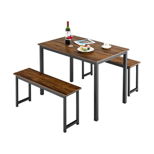 3 Pieces Dining Table Set with 2 Benches for Dining Room Kitchen Bar-Brown