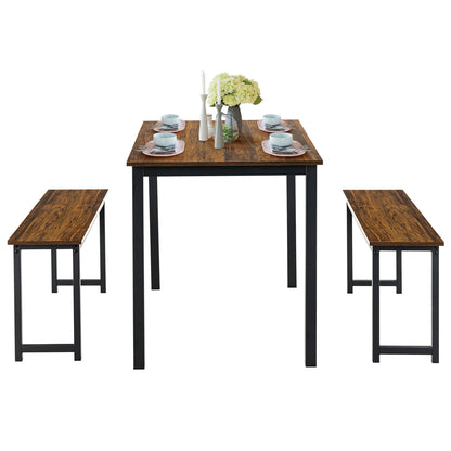 3 Pieces Dining Table Set with 2 Benches for Dining Room Kitchen Bar-Brown