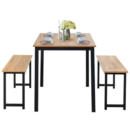 3 Pieces Dining Table Set with 2 Benches for Dining Room Kitchen Bar-Natural