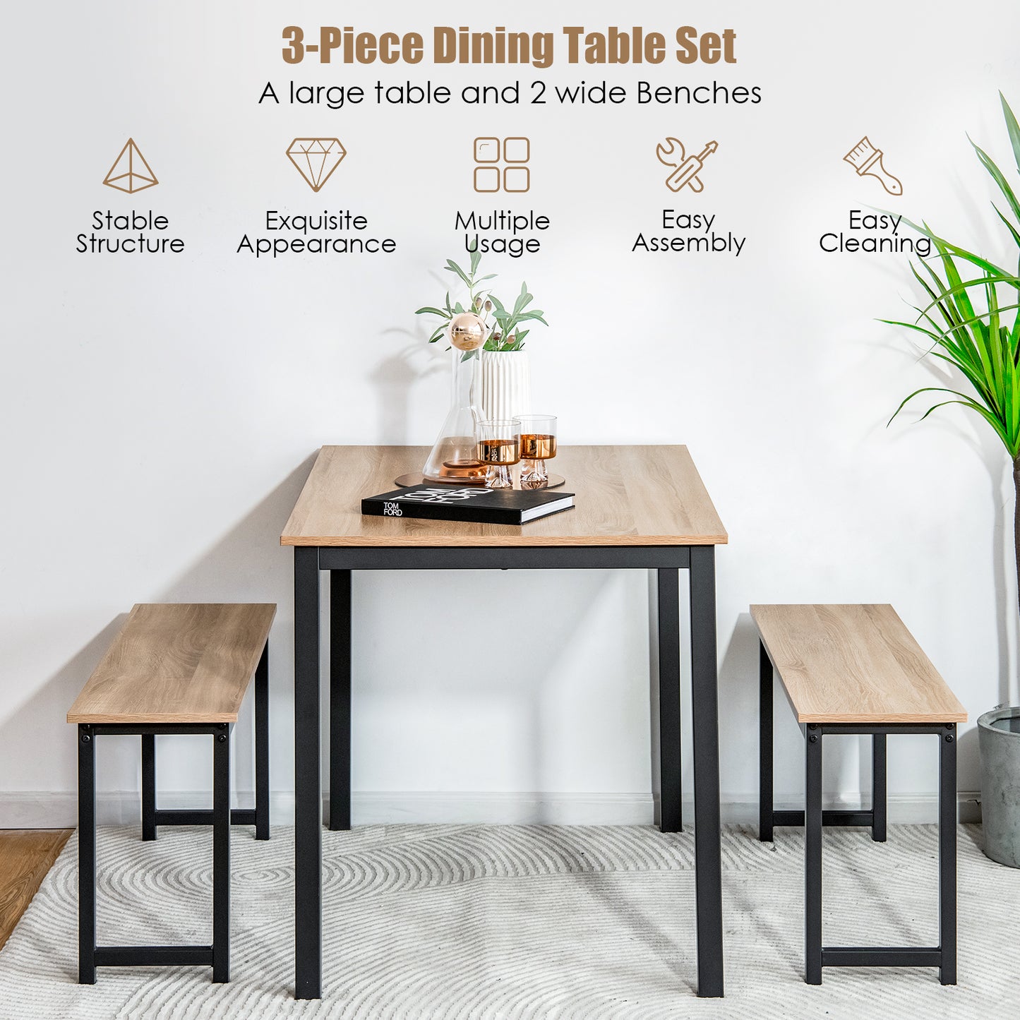 3 Pieces Dining Table Set with 2 Benches for Dining Room Kitchen Bar-Natural