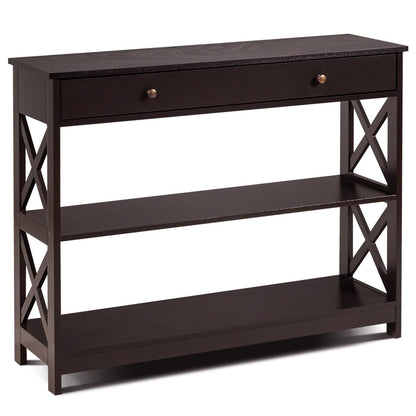 Console Table 3-Tier with Drawer and Storage Shelves-Black