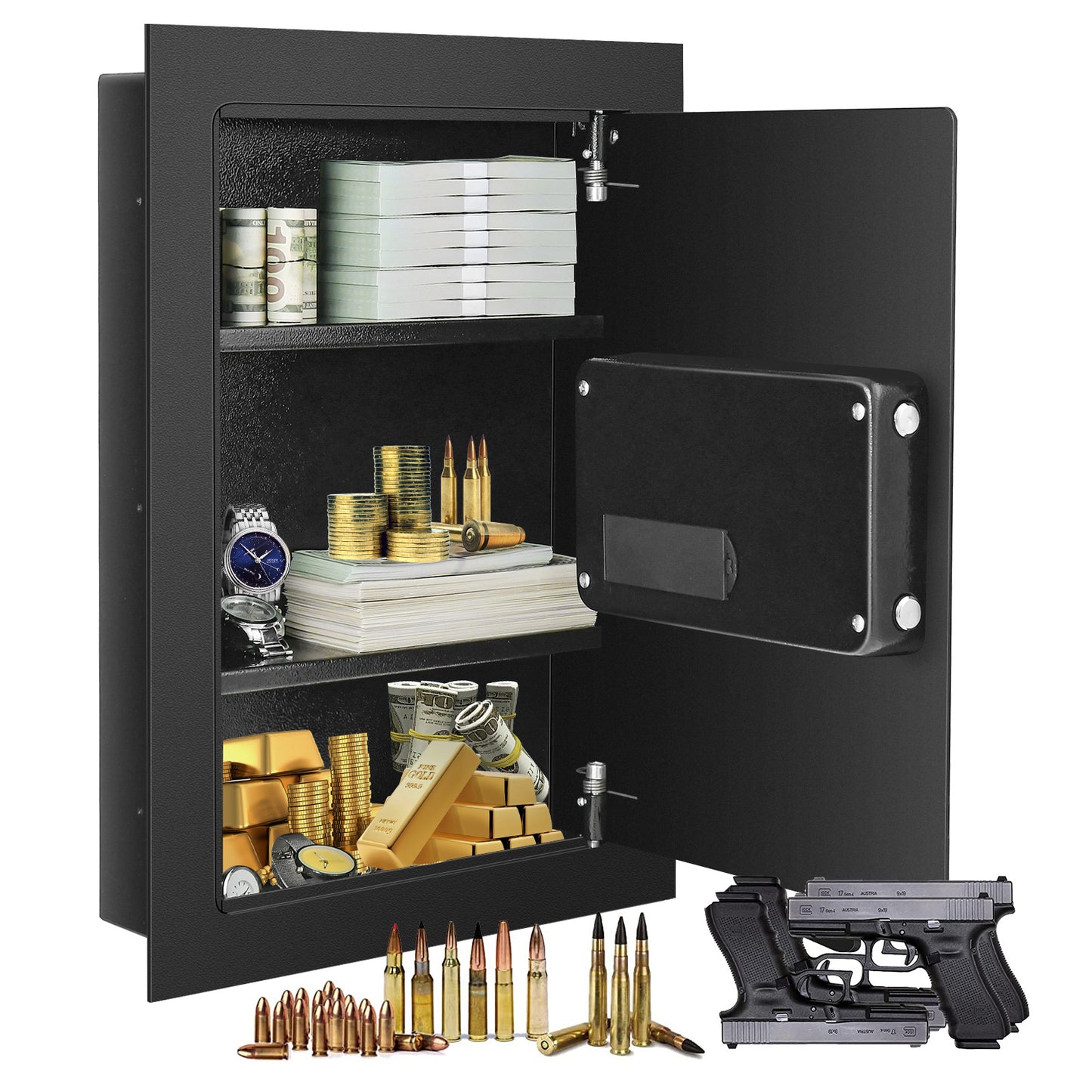 Digital Flat Recessed Wall Safe Security Lock Gun Cash Box-Black