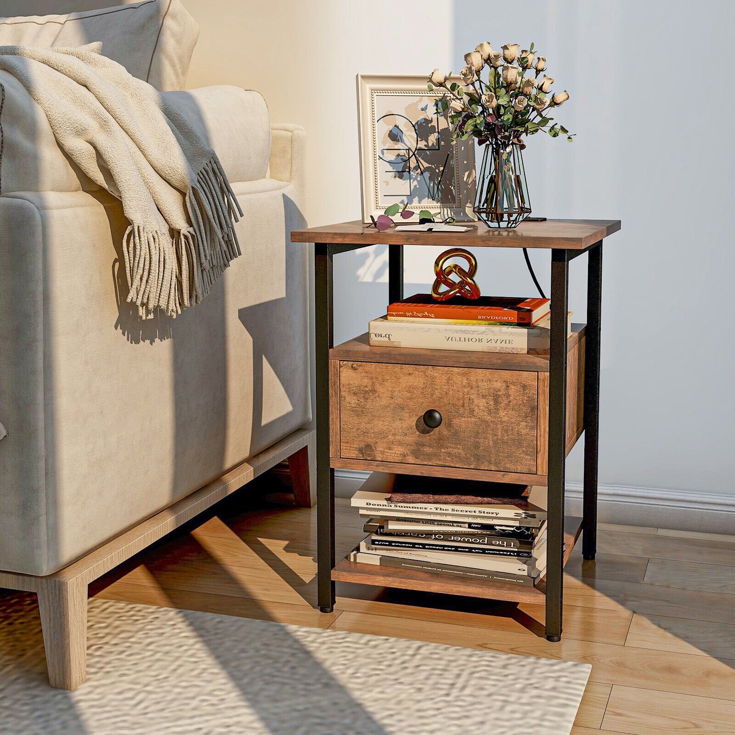 1/2 Pieces 3-Tier Nightstand with Charging Station and Drawer-1 Piece