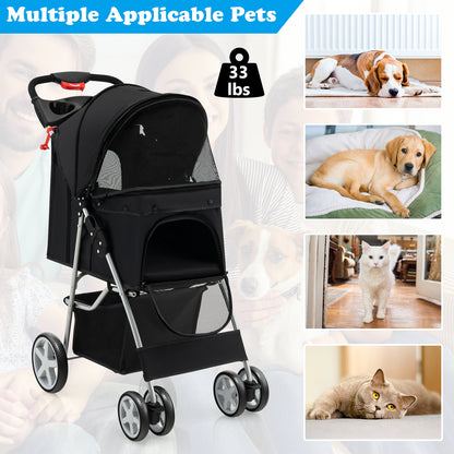 Folding Pet Stroller with Storage Basket and Adjustable Canopy-Black