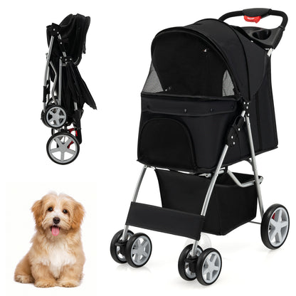 Folding Pet Stroller with Storage Basket and Adjustable Canopy-Black