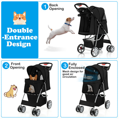Folding Pet Stroller with Storage Basket and Adjustable Canopy-Black