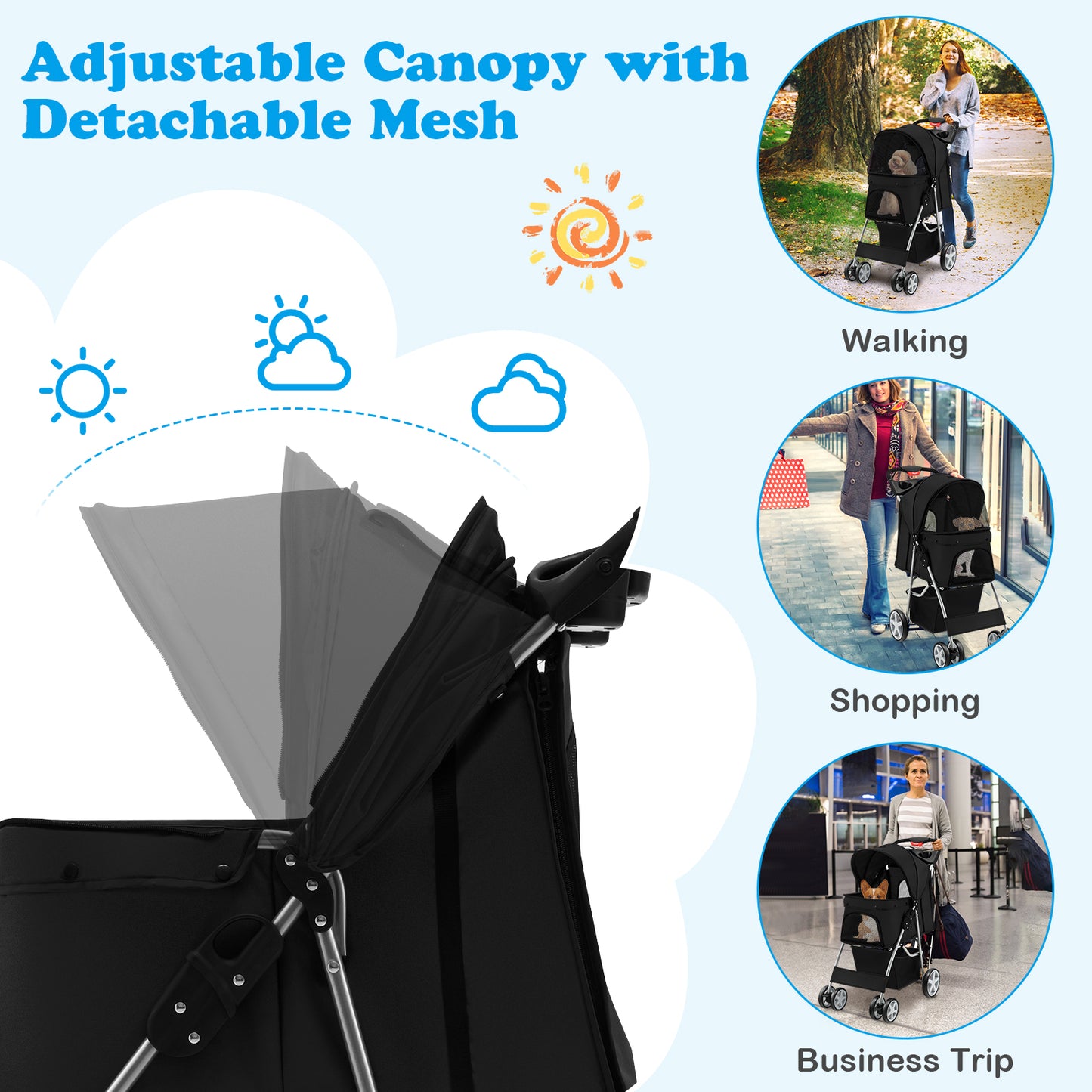 Folding Pet Stroller with Storage Basket and Adjustable Canopy-Black