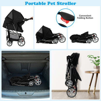 Folding Pet Stroller with Storage Basket and Adjustable Canopy-Black