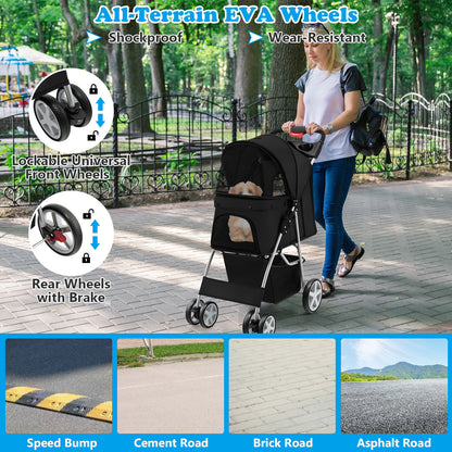 Folding Pet Stroller with Storage Basket and Adjustable Canopy-Black