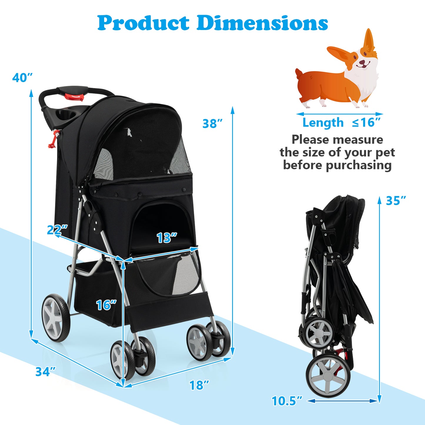 Folding Pet Stroller with Storage Basket and Adjustable Canopy-Black