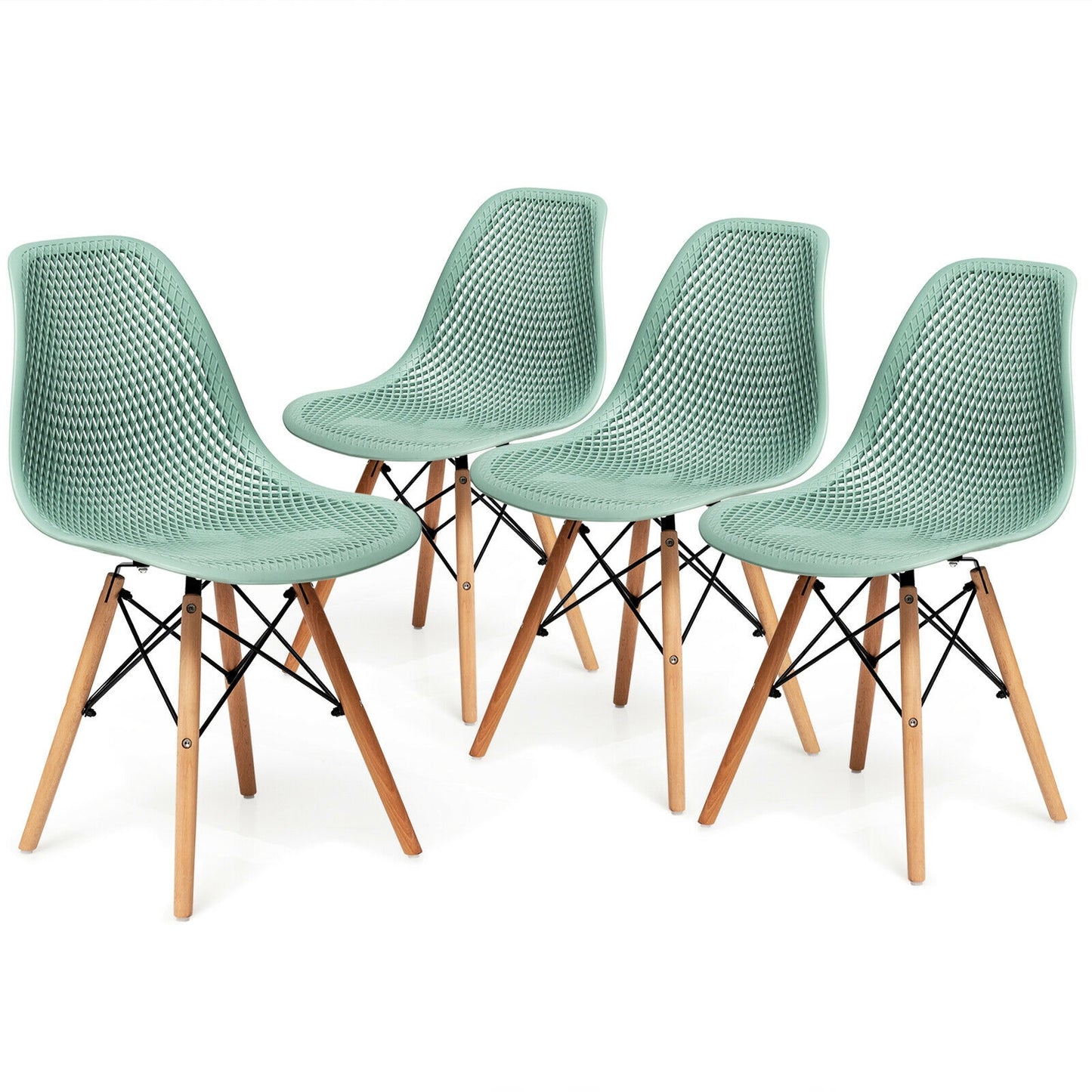 4 Pieces Modern Plastic Hollow Chair Set with Wood Leg-Black