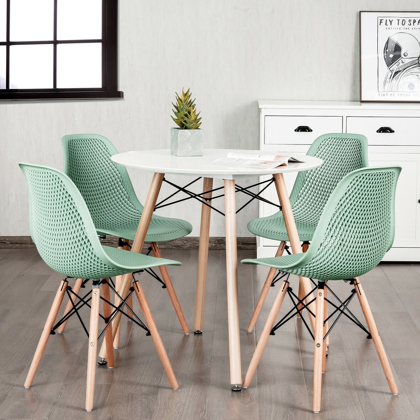 4 Pieces Modern Plastic Hollow Chair Set with Wood Leg-Black
