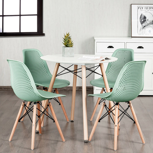 4 Pieces Modern Plastic Hollow Chair Set with Wood Leg-Green