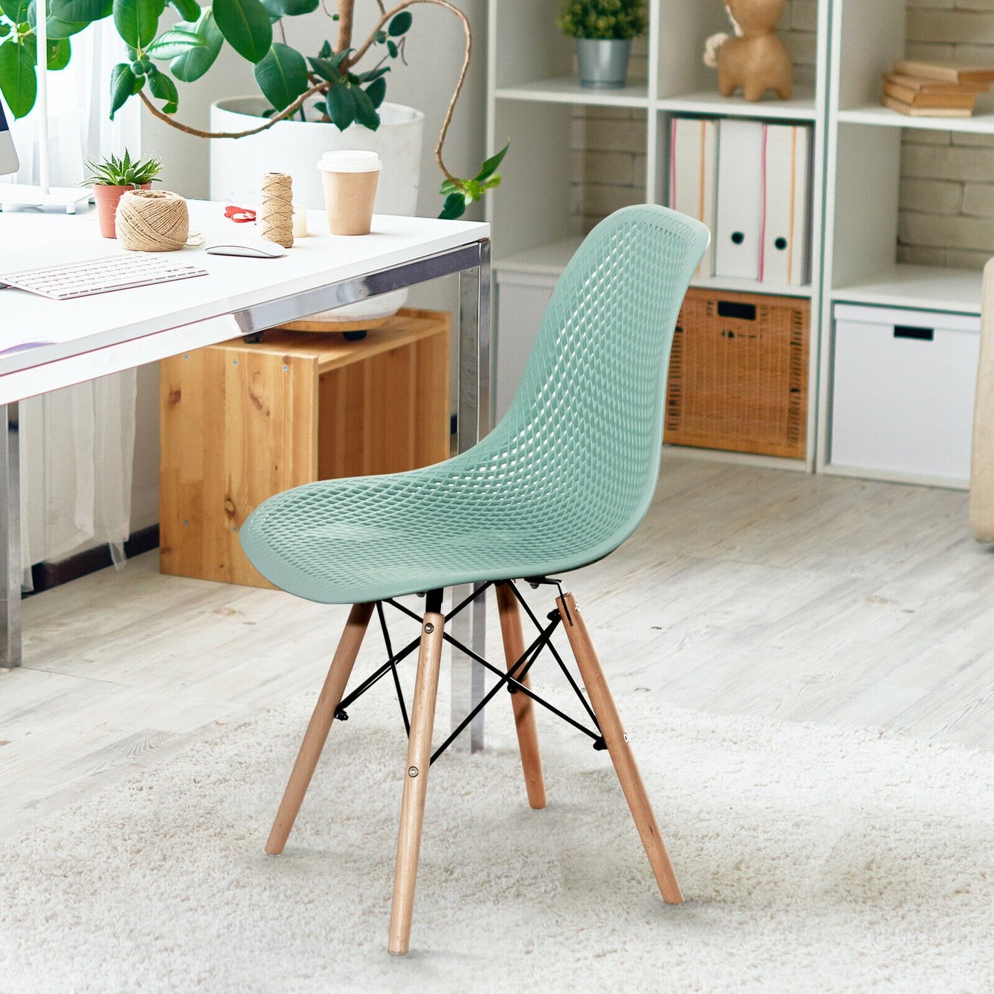 4 Pieces Modern Plastic Hollow Chair Set with Wood Leg-Black