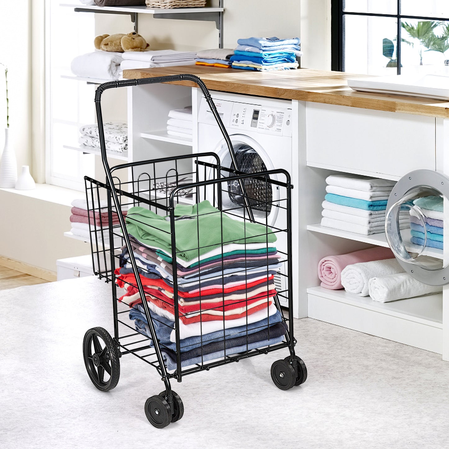 Folding Shopping Cart for Laundry with Swiveling Wheels and Dual Storage Baskets-Black