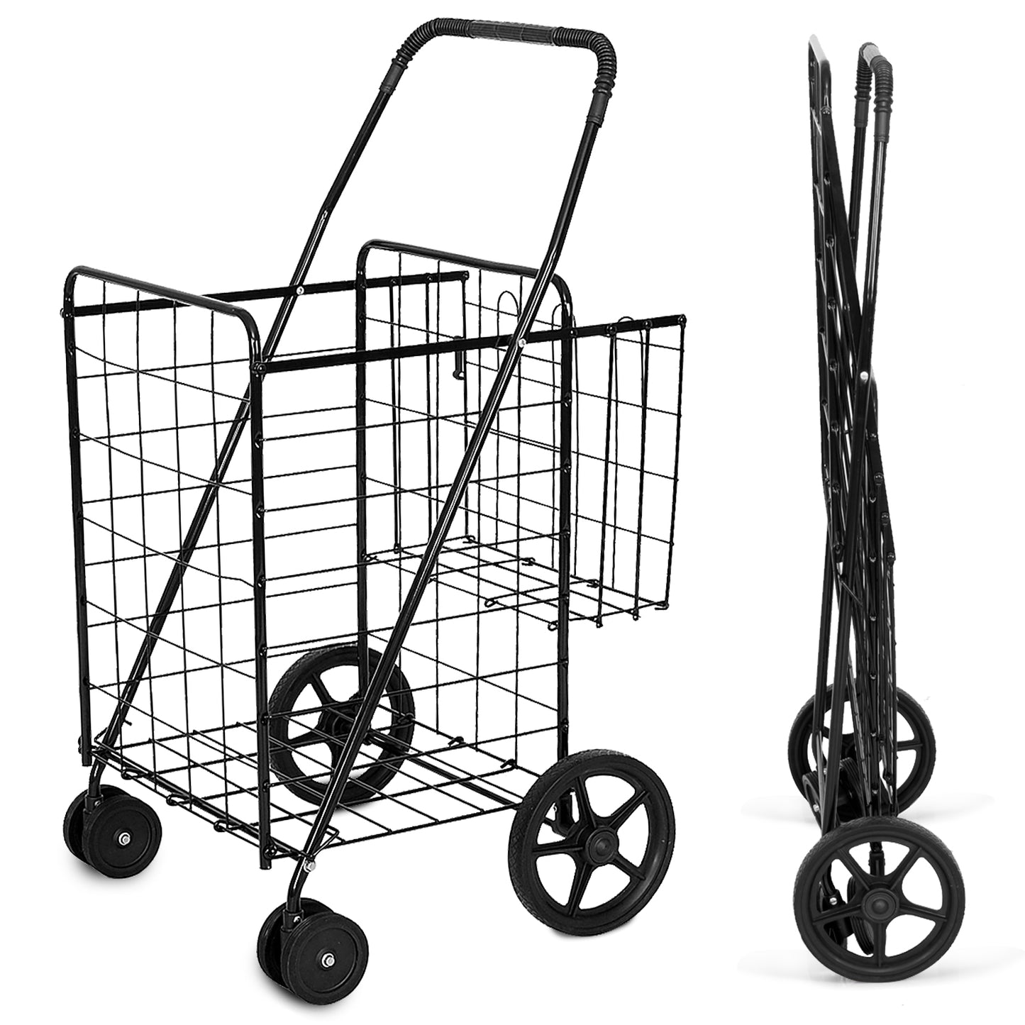 Folding Shopping Cart for Laundry with Swiveling Wheels and Dual Storage Baskets-Black