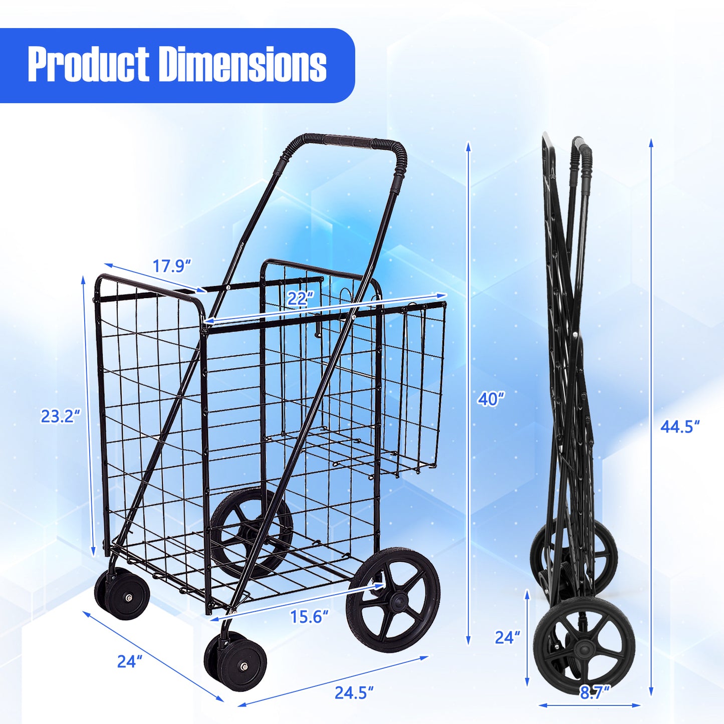 Folding Shopping Cart for Laundry with Swiveling Wheels and Dual Storage Baskets-Black