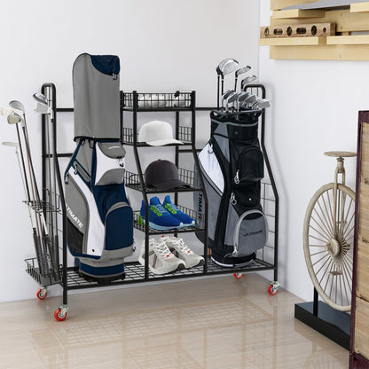 Double Golf Bag Rack with Removable Golf Club Stand and Wheels-Black