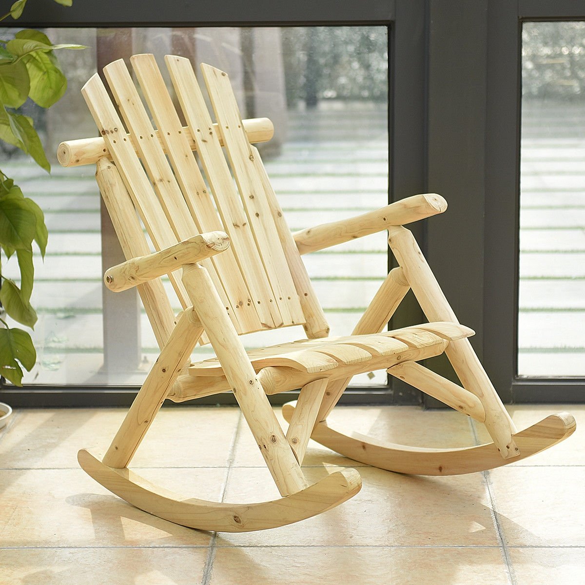 Outdoor Adirondack Rocking Chair for Adults Solid Wood Porch Rocker-Brown