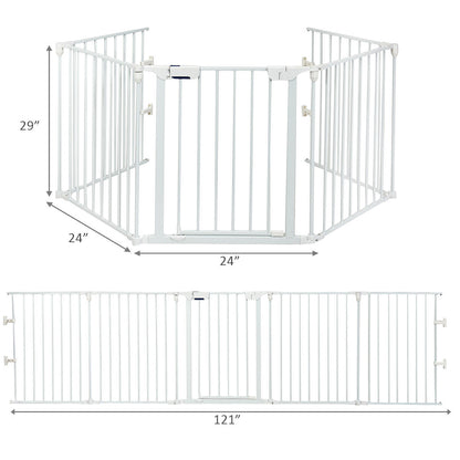 115 Inch Length 5 Panel Adjustable Wide Fireplace Fence-White