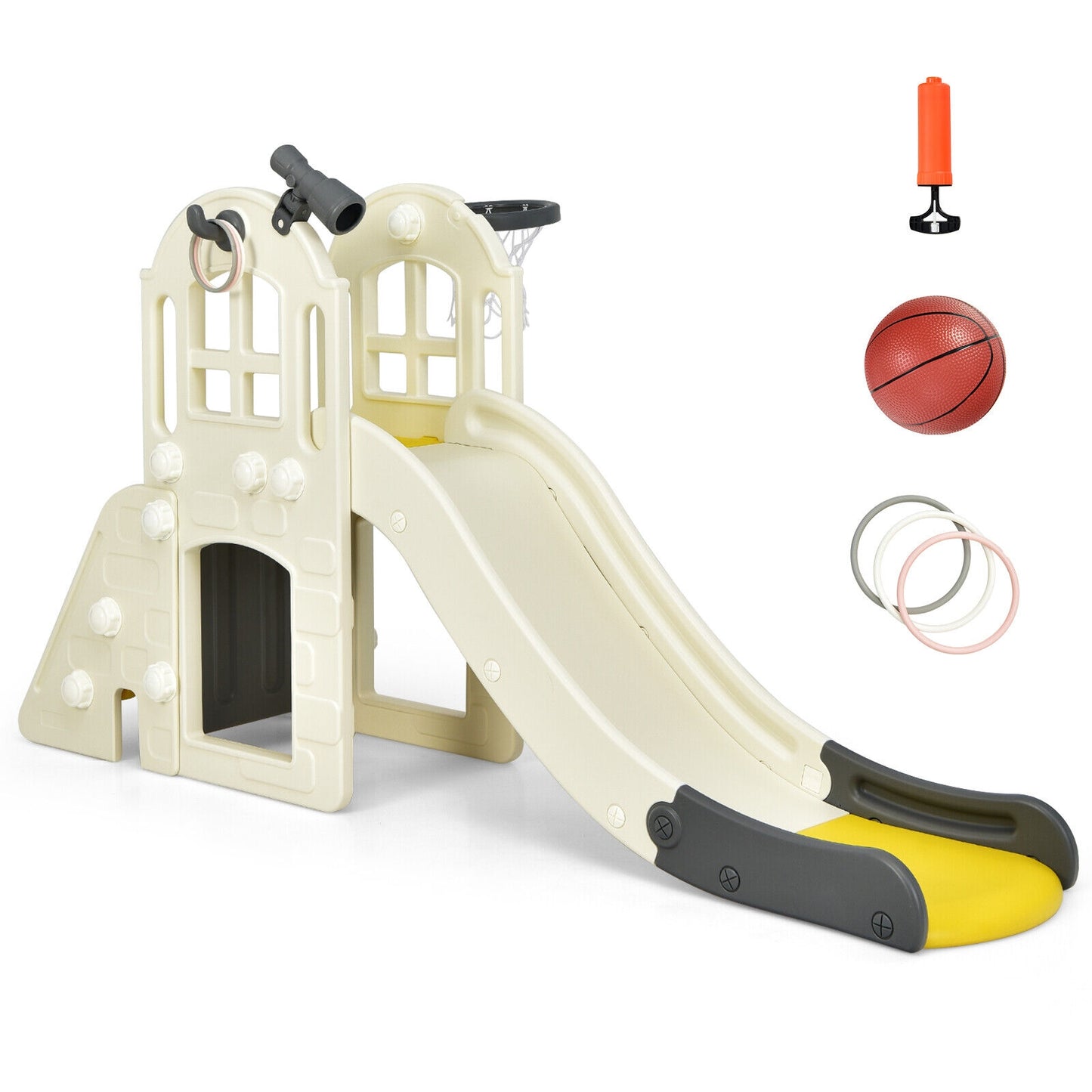 6-In-1 Large Slide for Kids Toddler Climber Slide Playset with Basketball Hoop-Yellow