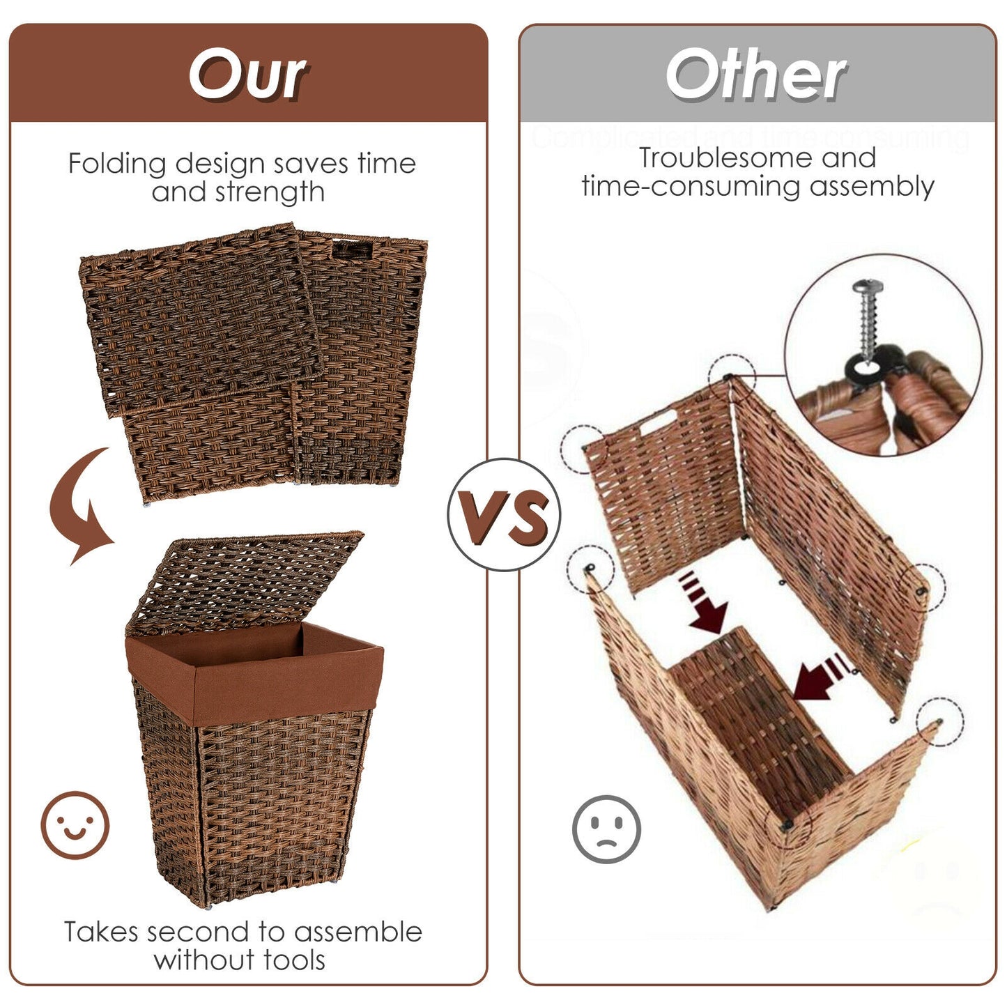 Foldable Handwoven Laundry Hamper with Removable Liner-Brown