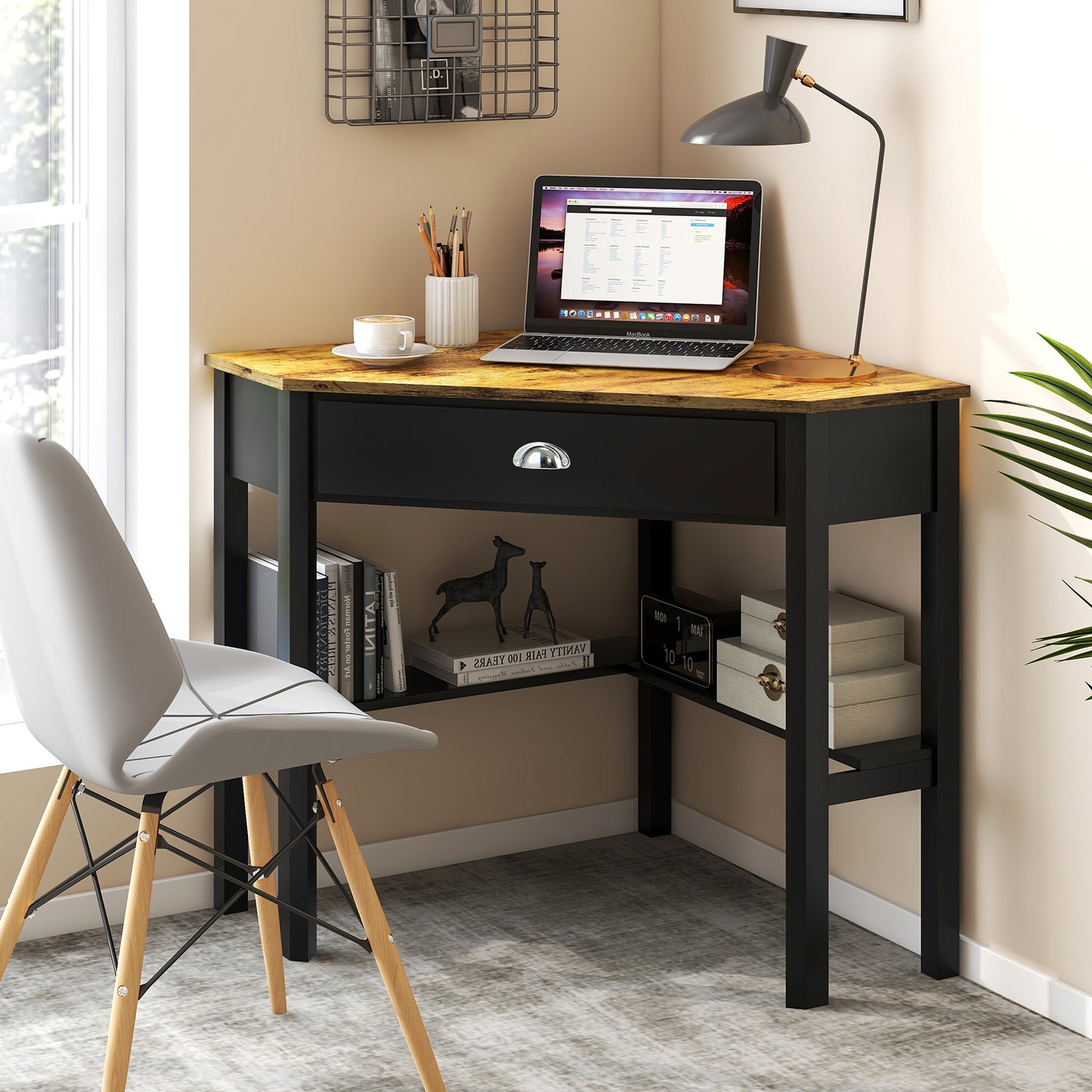 Corner Wooden Piece Laptop Computer Desk-Black