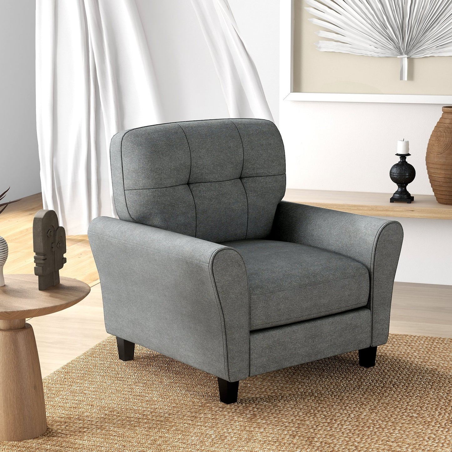 Modern Upholstered Accent Chair with Rubber Wood Legs-Beige