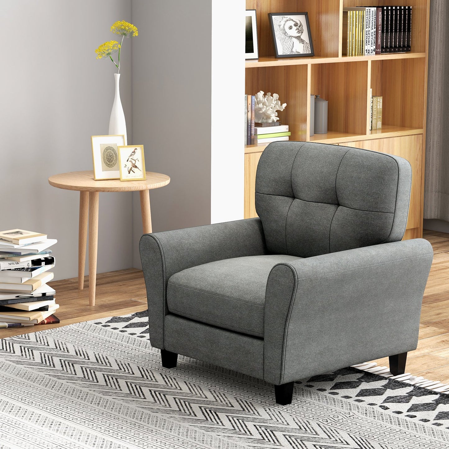 Modern Upholstered Accent Chair with Rubber Wood Legs-Beige
