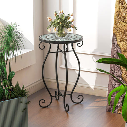 Small Plant Stand with Weather Resistant Ceramic Tile Tabletop-Black & Smoke Blue