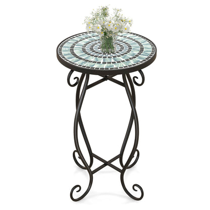Small Plant Stand with Weather Resistant Ceramic Tile Tabletop-Black & Smoke Blue