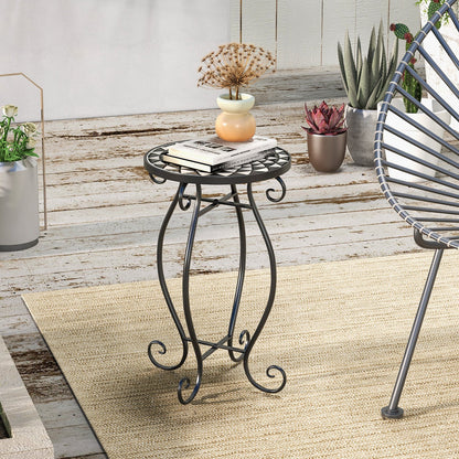 Small Plant Stand with Weather Resistant Ceramic Tile Tabletop-Black & Smoke Blue