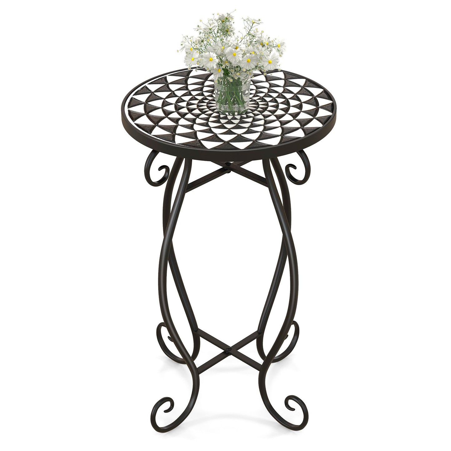 Small Plant Stand with Weather Resistant Ceramic Tile Tabletop-Black & Smoke Blue