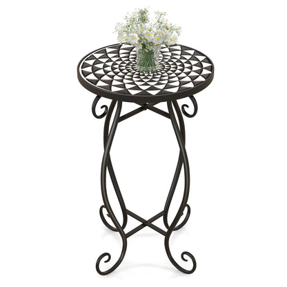 Small Plant Stand with Weather Resistant Ceramic Tile Tabletop-Black & Smoke Blue