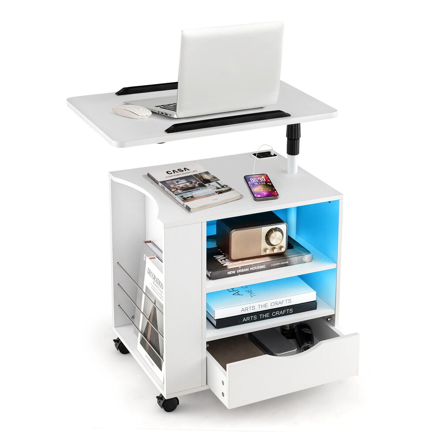 Nightstand Bedside Table Swivel Laptop Tray with Charging Station and LED Lights-White