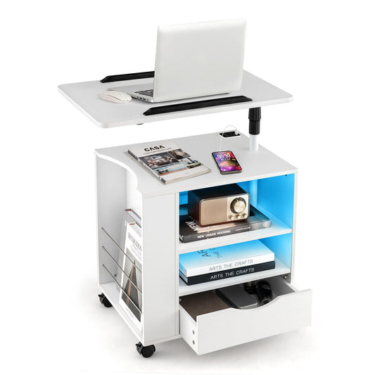 Nightstand Bedside Table Swivel Laptop Tray with Charging Station and LED Lights-White