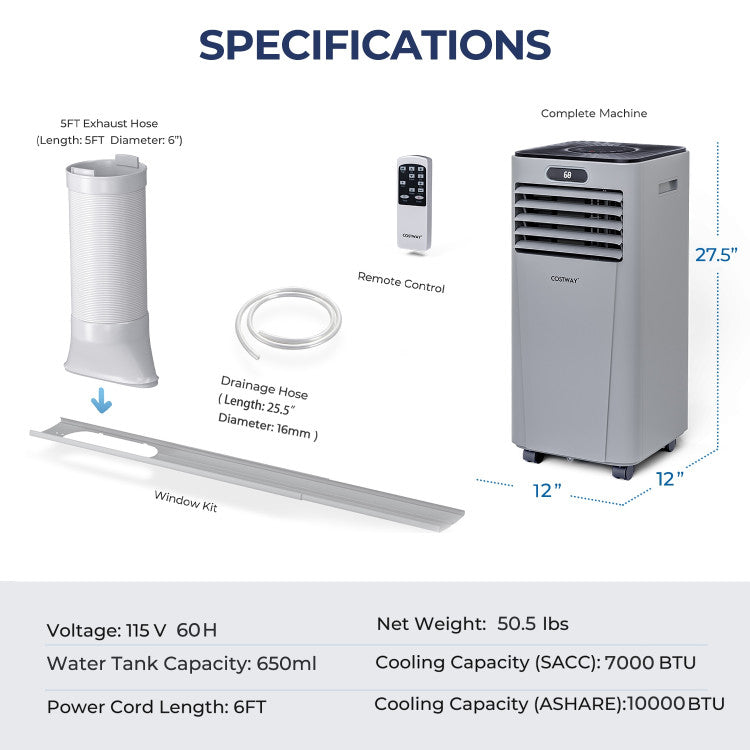 10000 BTU Portable Air Conditioner with Remote Control-Gray