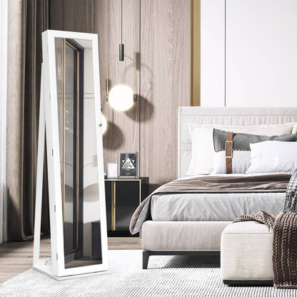 Lockable Freestanding Jewelry Armoire with Full Length Mirror-White